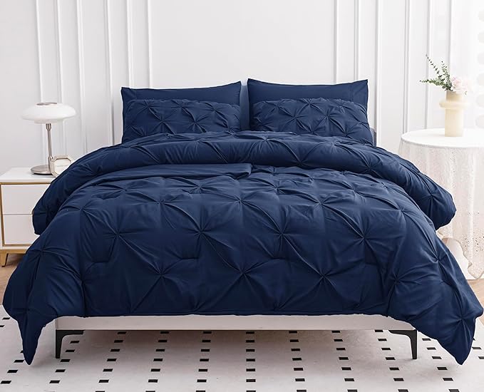 LANE LINEN Full Size Comforter Set - 7 Pc - Pintuck Bed in a Bag Down Alternative Full - Contains Comforter, Sheets, Pillowcases & Shams - Soft Touch, Durable Easy Care, Machine Washable – Navy Blue | Down alt comfort, Soft sleep surface, Durable daily...