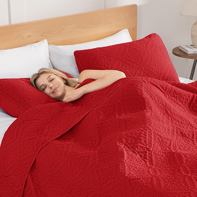 Exclusivo Mezcla Queen Quilt Bedding Set, Lightweight Soft Bedspreads Coverlets with 2 Pillow Shams, Modern Red Quilts Queen Full Size for All Seasons