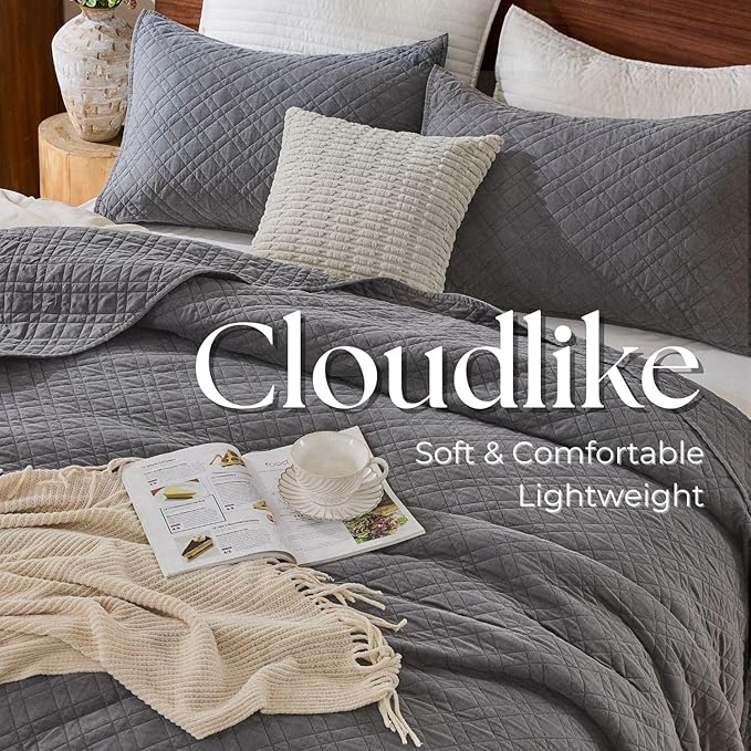 Cali King Quilt Set with Shams Lightweight Quilted Bedspread Coverlet Thin Comforter Bed Cover Vintage Washed Quilted Blanket for All Season, Brushed Microfiber Diamond Stitching, Ash Gray, 111"x92"