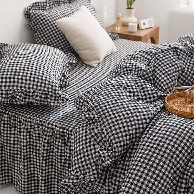 mixinni Black White Gingham Ruffle Duvet Cover Twin XL Size 3 Pieces – 100% Washed Cotton, Vintage Plaid Ruffled Bedding Set with Zipper Ties, Soft Checkered Grid Farmhouse Chic Comforter Cover Set