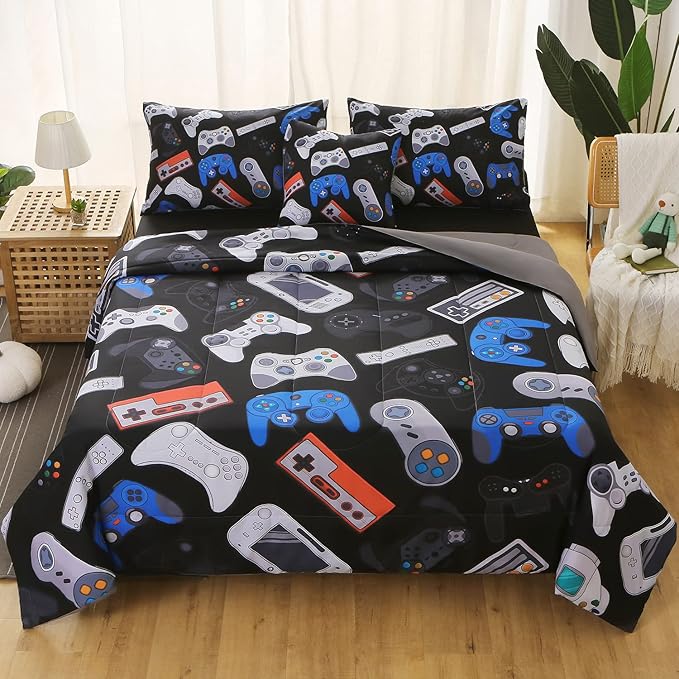 JQinHome Full Gamer Comforter Set for Boys,6 Piece Bed in A Bag 3D Video Game Bedding -All Season Soft Microfiber Down Alternative Comforter Gamer Bedding Sets for Kids(Gamepad Collection)