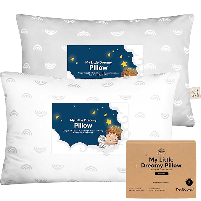 KeaBabies 2-Pack Toddler Pillows 2 Year Old to 5-13x18 Soft Organic Cotton Kids Pillow for Sleeping, Travel, School, Daycare, Nap, Toddler Bed, Machine Washable, Without Pillowcase (Gray Rainbow)