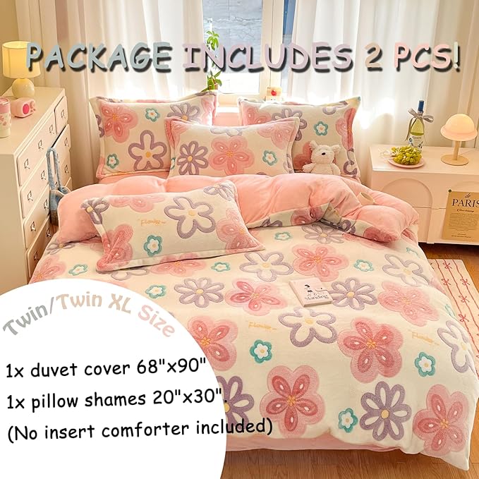 MorroMorn Twin Bedding Sets, Pink Floral Duvet Cover Set, Fluffy Comforter Covers, Colorful Flowers Blanket Ultra Soft Kawaii Cute for Girls Toddler Kids Teen Women Twin/Twin XL Size