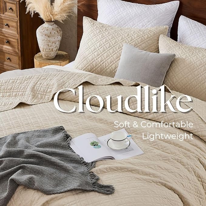 King Quilt Set with Shams Lightweight Quilted Bedspread Coverlet Thin Comforter Bed Cover Vintage Washed Quilted Blanket for All Season, Brushed Microfiber Diamond Stitching, Beige, 104"x92"