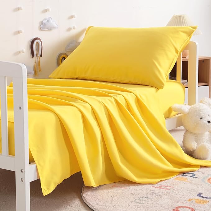 NTBAY Toddler Sheet Set - 3-Piece Microfiber Crib Sheet Set - Flat Sheet, Fitted Sheet, Pillowcase - Solid Toddler Bedding, Yellow