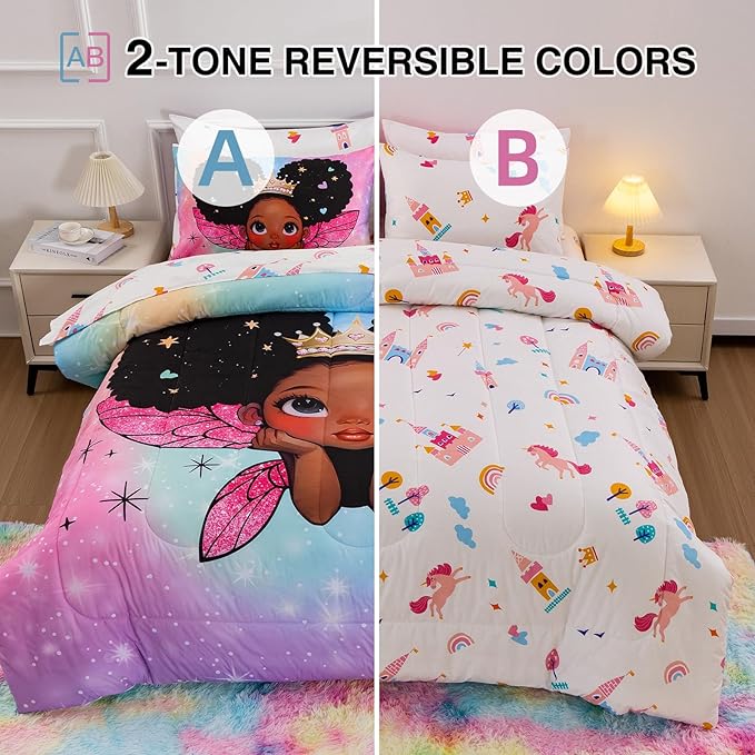A Nice Night Black Girl Princess with Wings Comforter Set,Pink Gradient Glitter Rainbow Galaxy 6pcs Kids Bedding Set,Queen
