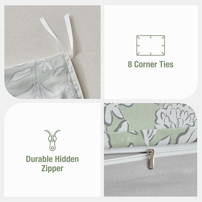Lekesky Queen Size Duvet Cover Set, Reversible Duvet Cover Queen with White Floral Pattern, Lightweight Soft Microfiber Comforter Cover, 3 Pieces Green Bedding Set with Zipper and 2 Pillowcases