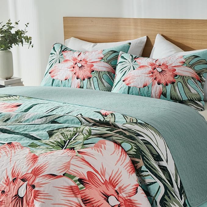 Yogeneg King Quilt Bedding Set,Green Pink Botanical Pattern Sky Blue King/Cal King Quilt Set,3 Piece Lightweight Soft Summer Bedspread Coverlet with 2 PIillow Shams,All Season(Sky Blue,110"x96")