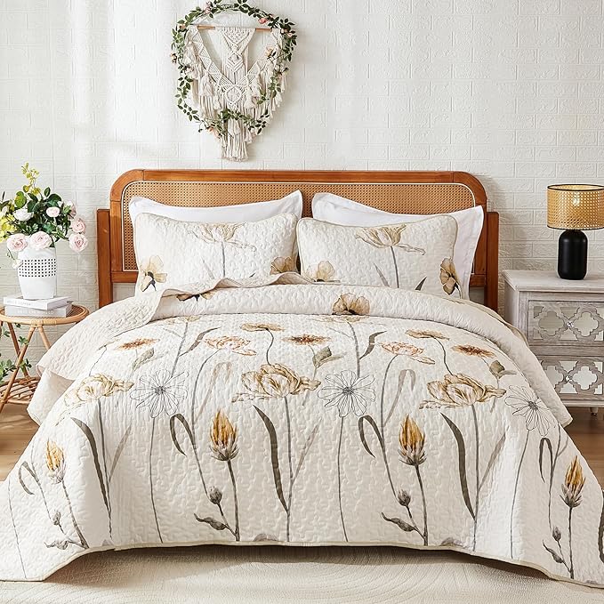 WONGS BEDDING Quilt Set Queen,Cute Floral Bedspread Coverlet Set,3 Pieces Brown Quilts Bed Cover,Lightweight Farmhouse Floewr Quilts Summer Bedding Set for All Season(96"x90")