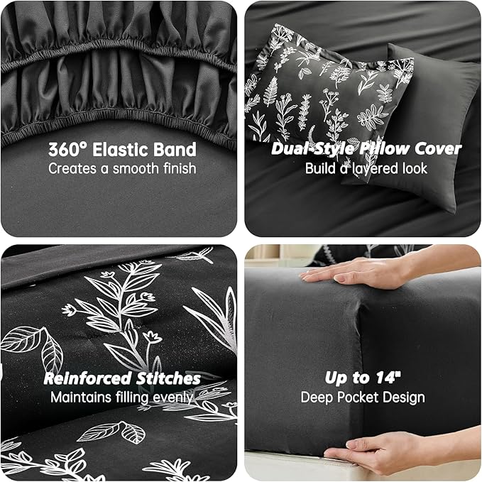 MUXHOMO Black California King Comforter Set, Elegant Floral Print Bed in a Bag 7 Pieces, Ultra Soft & Breathable Reversible Botanical Pattern Bedding Set with Comforter, Sheets, Pillowcases, and Shams