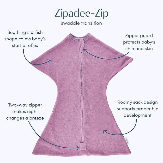 SleepingBaby Zipadee-Zip Transition Swaddle - Cozy Fleece Wearable Blanket with Two-Way Zipper for Baby Sleep - Lavender, Small (4-8 Month)