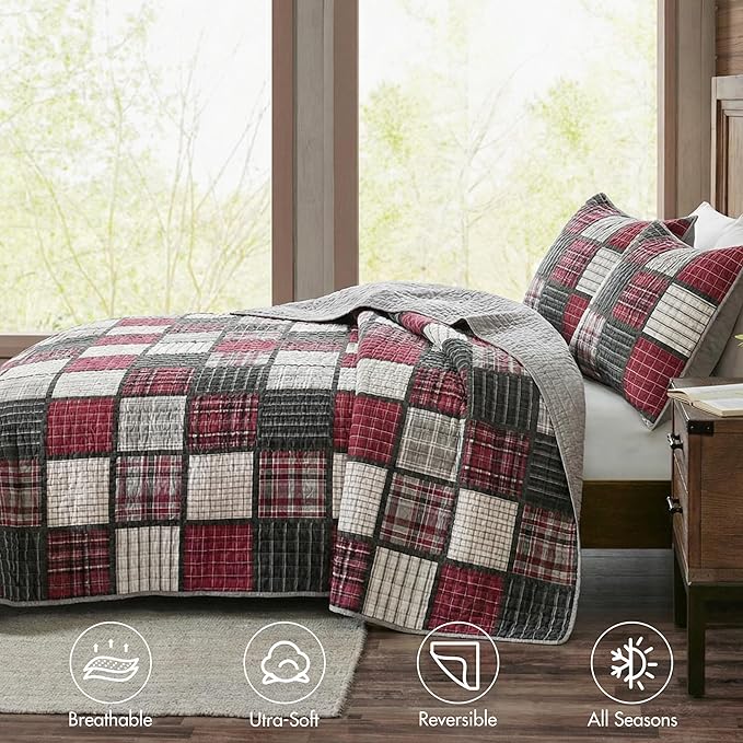 Woolrich Reversible Quilt Cabin Lifestyle Design - All Season, Breathable Coverlet Bedspread Bedding Set, Matching Shams, Oversized Full/Queen, Tulsa Plaid Red/Grey 3 Piece