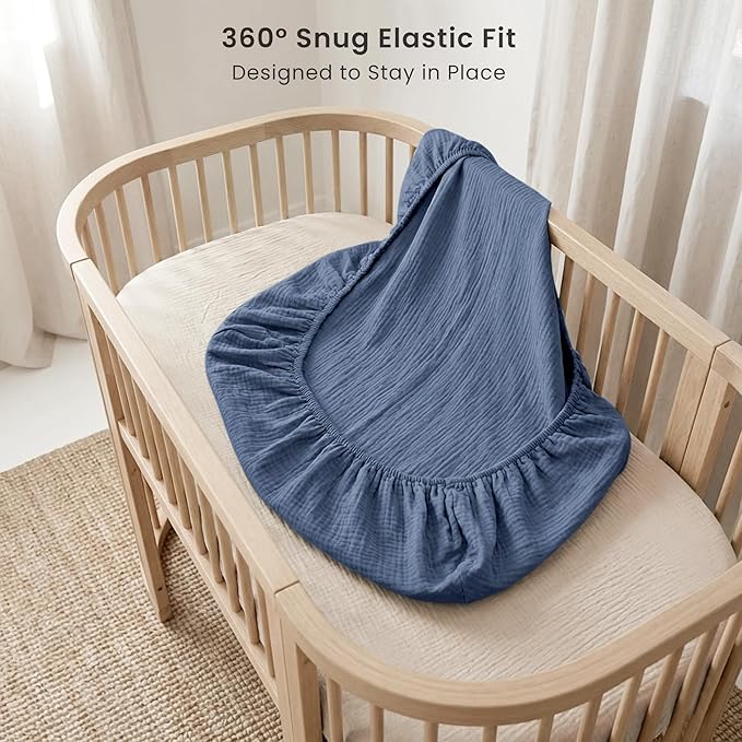 Konssy 2 Pack Muslin Bassinet Sheets for Boys, Girls, 100% Cotton Soft Breathable Fitted Bassinet Mattress Sheet, 33 x 21 inches (Navy,Cream)