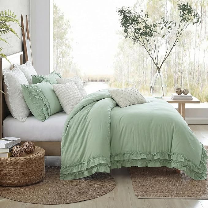 Bedorm Sage Green Ruffled Duvet Cover Twin Size Bedding Set Pleated Lace Ruffle Shabby Chic Bedroom Decor Extra Soft Cozy Farmhouse Country Style Duvet Cover Sets