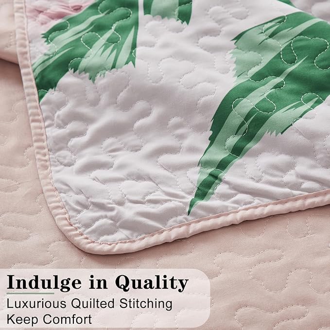 Yogeneg Queen Quilt Bedding Set,Green Botanical Pattern Blush Full/Queen Quilt Set,3 Piece Lightweight Soft Summer Bedspread Coverlet with 2 PIillow Shams,All Season(Pink,90"x96")