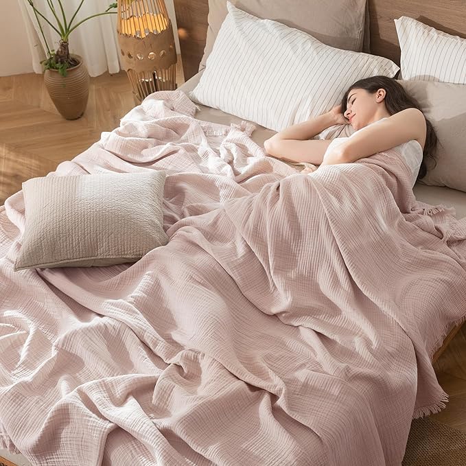 MooMee Muslin Blanket - 100% Cotton 4-Layer Gauze Throw Blanket with Tassels Ultra-Soft Breathable Lightweight Cooling for Bed Couch (Greyish Pink, Queen 90" x 90")