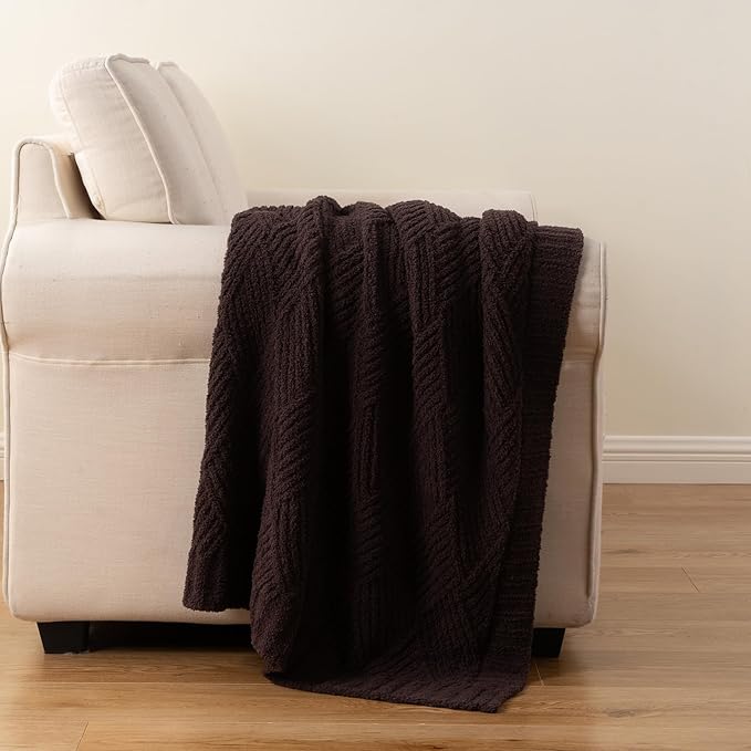 Battilo Brown Diamond Knit Throw Blanket for Couch and Bed, Soft Textured Chenille Blanket, Cozy Lightweight Decorative Blanket for Sofa, 50"x60"
