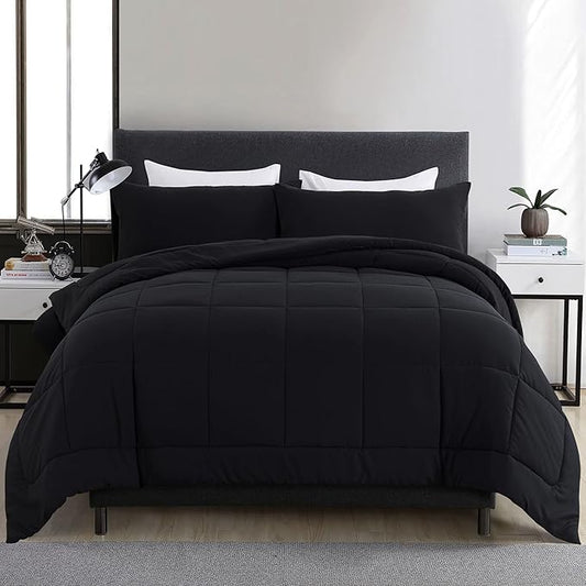 DOWNCOOL Twin Comforter Set -All Season Bedding Comforters Sets with 1 Pillow Case -2 Pieces Bed Set Down Alternative Comforter Set -Black Twin Bedding Sets(64"x88")