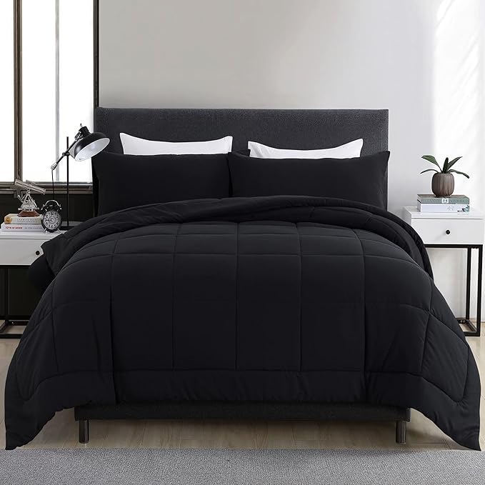 DOWNCOOL Full Size Comforter Sets -All Season Bedding Comforters with 2 Pillow Cases -3 Pieces Bed Set Down Alternative Comforter -Black Bedding Sets (82"x86")