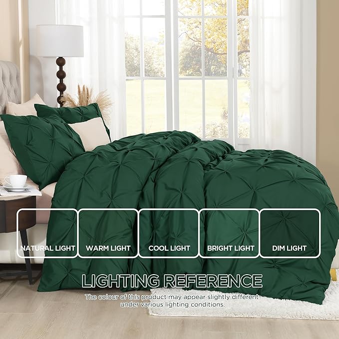 Litanika Emerald Pinch Pleat Duvet Cover Queen, 3 Pieces Pintuck Soft Microfiber Bedding Set with Zipper Closure & Corner Ties(90x90Inch-1 Duvet Cover, 2 Pillowcases)
