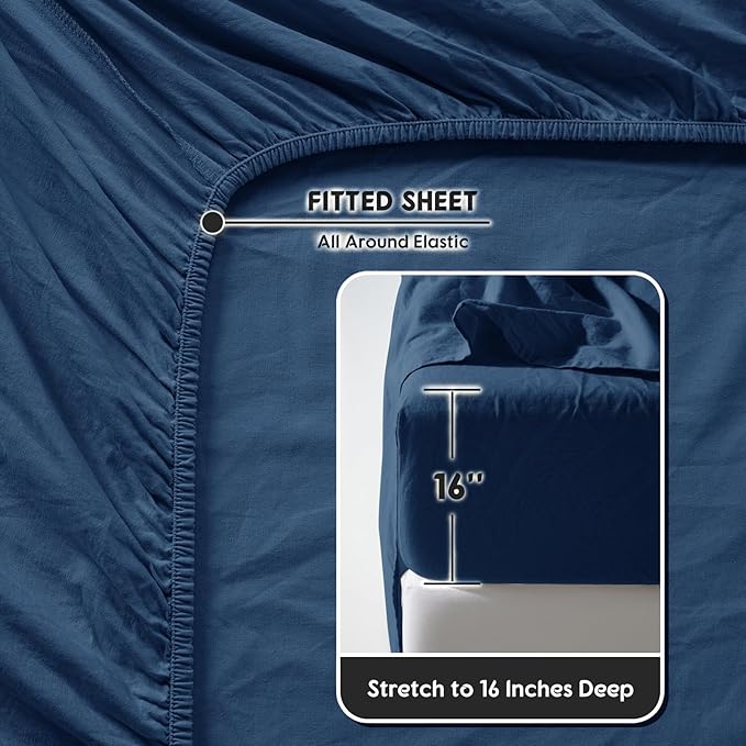 SONORO KATE 100% French Pure Linen Sheets, Breathable and Durable Line Sheets, Anti-Tear Line Bed Sheets, Machine Washable, 16 Inch Deep Pocket - 4 Piece (Navy Blue, California King)