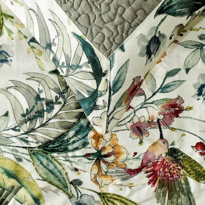 The HomeCentric King Queen Twin Ivory & Multi Designer Full 68"x18" Bed Runner with 2 Pillow Cover, Bird, Sequins & Beaded Bed Scarf on Cotton Fabric - Exotic Birds