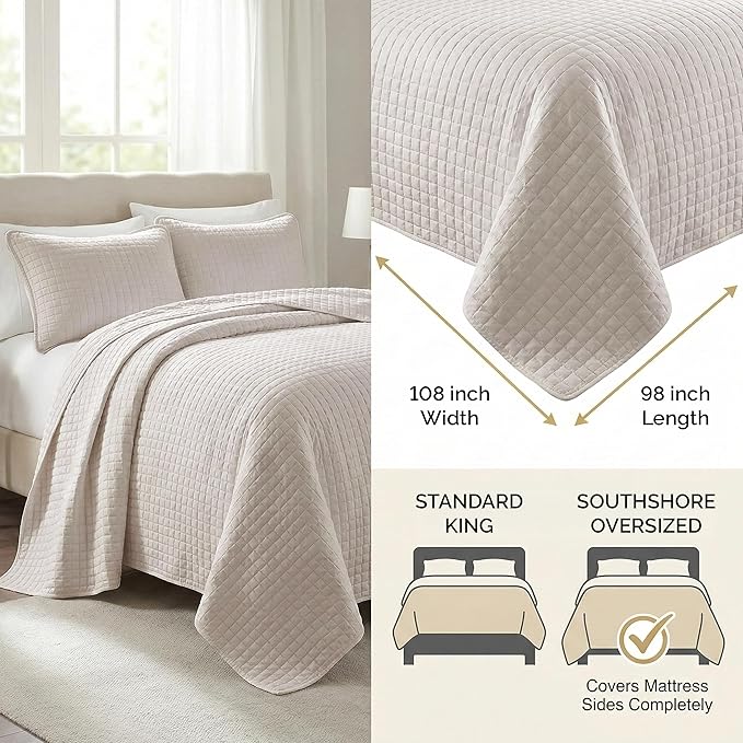 Southshore Fine Living, Inc. King Quilt Bedding Set, Quilted Comforter, Coverlet Bed Spread for California Kings, Luxury Bedding King Quilt Set, Lightweight Quilted Bedspread w/Shams, Bone