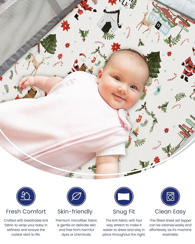 Christmas Pack and Play Sheets Fitted, Buttery Soft Graco Pack n Play Sheets for Boys and Girls - Stretchy Microfiber Mini Crib Sheets 2-Pack, Santa Claus, Reindeer, X-mas Elf