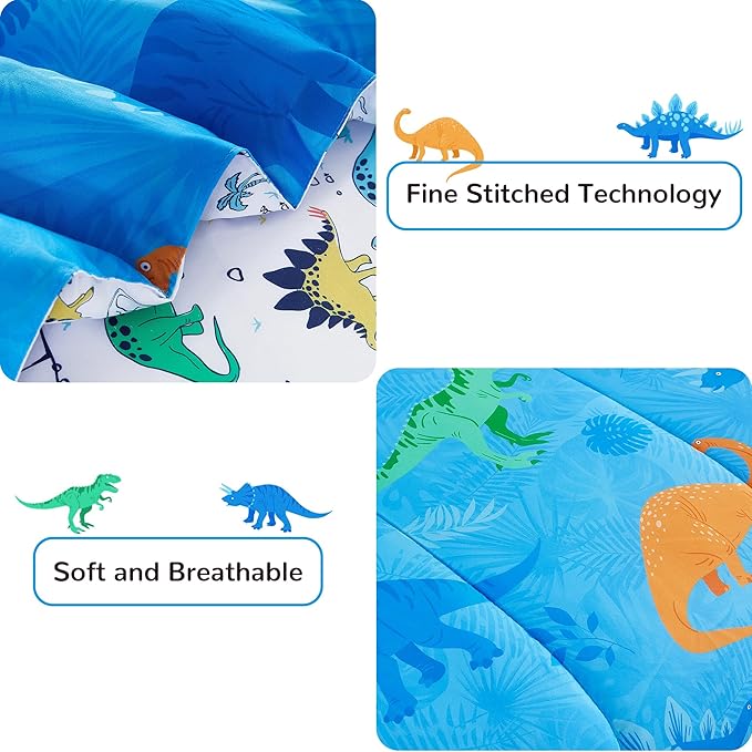 Viviland Kids Full Bedding Sets for Boys, Soft Full Comforter Set with Sheets, 7 Pieces Microfiber Bed in a Bag, Blue Dinosaur