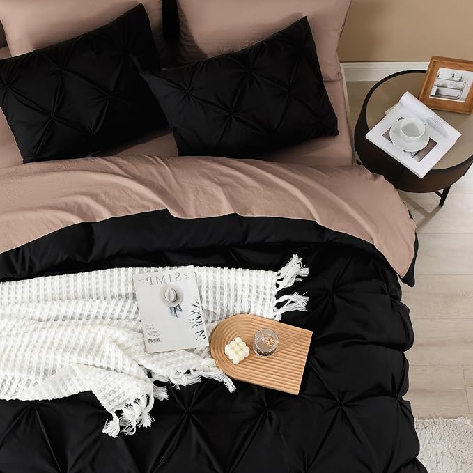 Litanika Black Oversized King Pinch Pleat Duvet Cover, 3 Pieces Pintuck Cover Soft Microfiber Bedding Set with Zipper Closure & Corner Ties(1 Duvet Cover, 2 Pillowcases)