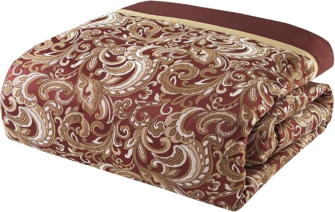 Madison Park Essentials Brystol 24 Piece Room in a Bag Faux Silk Comforter Jacquard Paisley Design Matching Curtains Down Alternative Hypoallergenic All Season Bedding-Set, Queen (90 in x 90 in), Red