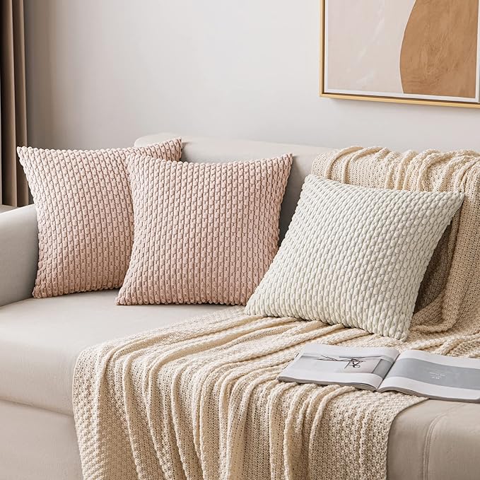MIULEE Pack of 2 Valentines Day Decorative Throw Pillow Covers 18x18 Inch Soft Boho Striped Textured Corduroy Pillow Covers Modern Farmhouse Home Decor for Couch Bed Sofa Living Room Pink