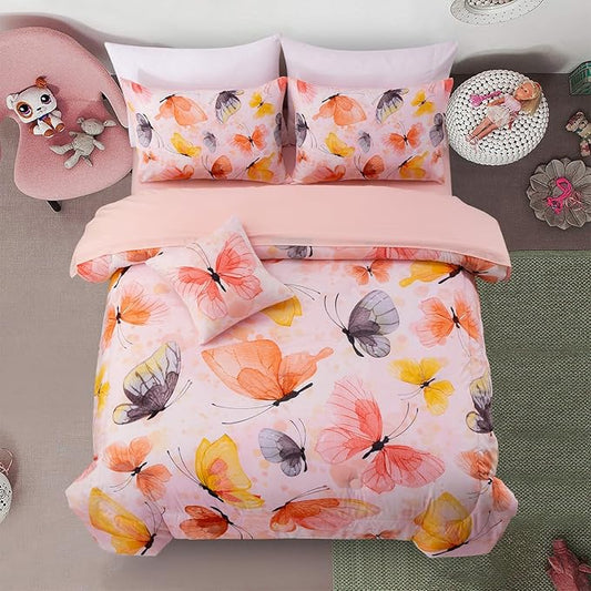 A Nice Night 6pcs Bed in A Bag Watercolor Ink Wash Tie-Dye Butterfly Printed, Butterflies Bedding Comforter Set, Orange Full
