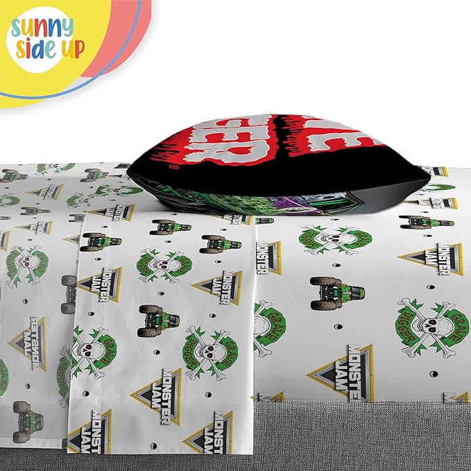 Sunny Side Up Monster Jam Toddler Comforter Set - 4 Piece Preschool Bedding Includes Comforter, Sheets & Pillow Cover - Super Soft Trucks Microfiber Bed Set