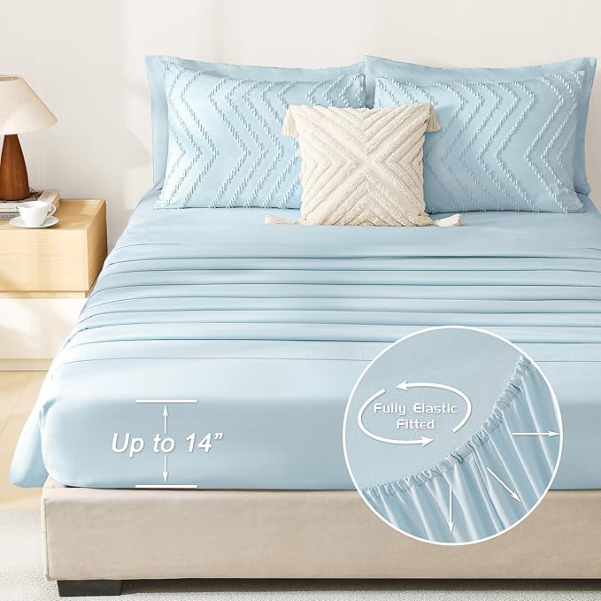 Litanika Light Blue King Size Comforter Set with Sheets - 7 Pieces Bed in a Bag King Boho Tufted Complete Bedding Sets with Comforter, Sheets, Pillowcases & Shams