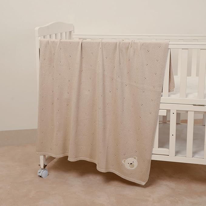 mimixiong Organic Cotton Baby Blanket Neutral Knitted Soft Crib Nursery Swaddling Receiving Blankets for Newborn Baby Boy Girl 40x30 Inch (Oatmeal)