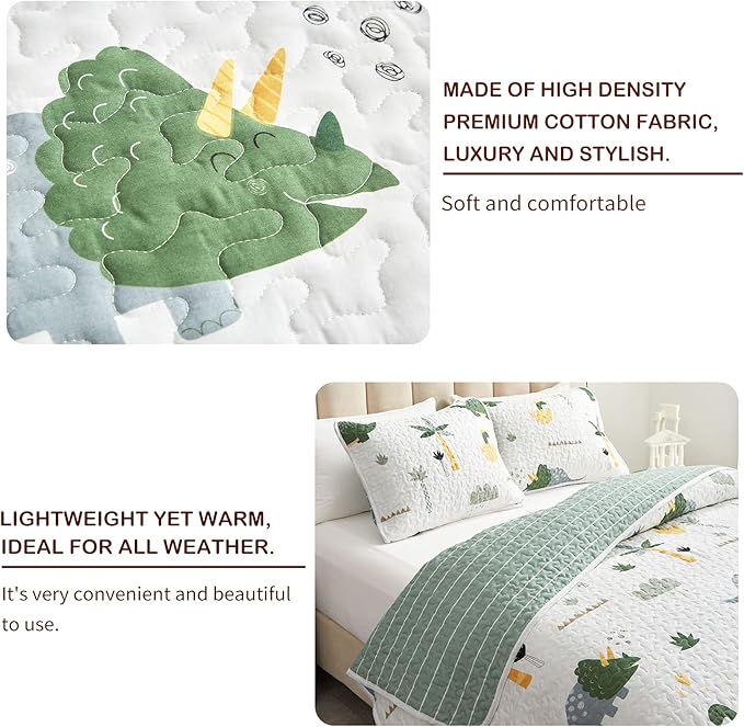 Joyreap 3-Piece Cotton Quilt Set Full/Queen, Dinosaur Theme Green Color Design for Kids Boys n Girls, Smooth Soft Quilt Bedspread Bed Cover for All Season, 1 Quilt and 2 Pillow Shams- 90x90 inches