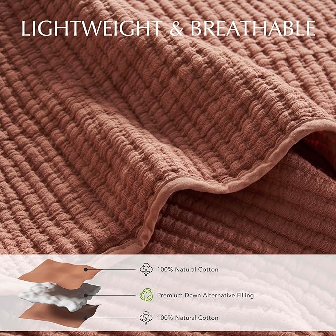 EVERGRACEHOME Cotton Coverlet Set King Size 3 Pieces, Lightweight Soft Ribbed Matelassé Bedspread Quilt Set, Cozy Oversized Quilted Bedding Set with 2 Pillow Shams for All Seasons, Clay