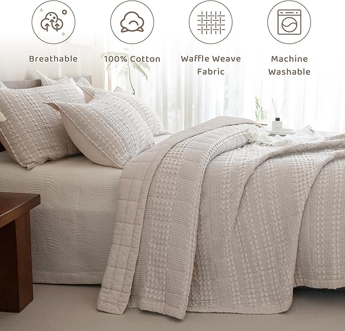 Sanracie Cotton Oversized King Bedspread (128"x120"), Oatmeal Colored Waffle Weave Quilted Set Extra Wide Farmhouse Aesthetic Bedding Set 3Pcs Soft Breathable Bedding Coverlet for All Season