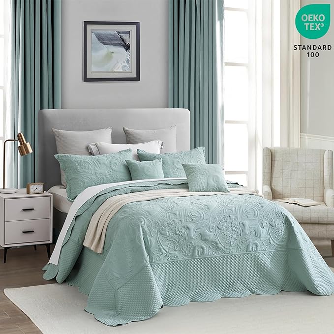 Oversized King Bedspread, Paisley Pattern Design, Lightweight Bedding Cover, Reversible, 5 Piece, 100% Microfiber, Seaglass