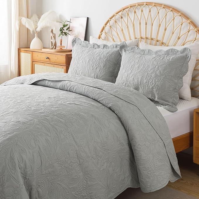 HoneiLife King Quilt Bedding Set - 3 Piece Microfiber Quilt Sets Lightweight Bedspreads Reversible Coverlets Retro Bed Cover Quilt King Size All Season Quilts-Light Grey