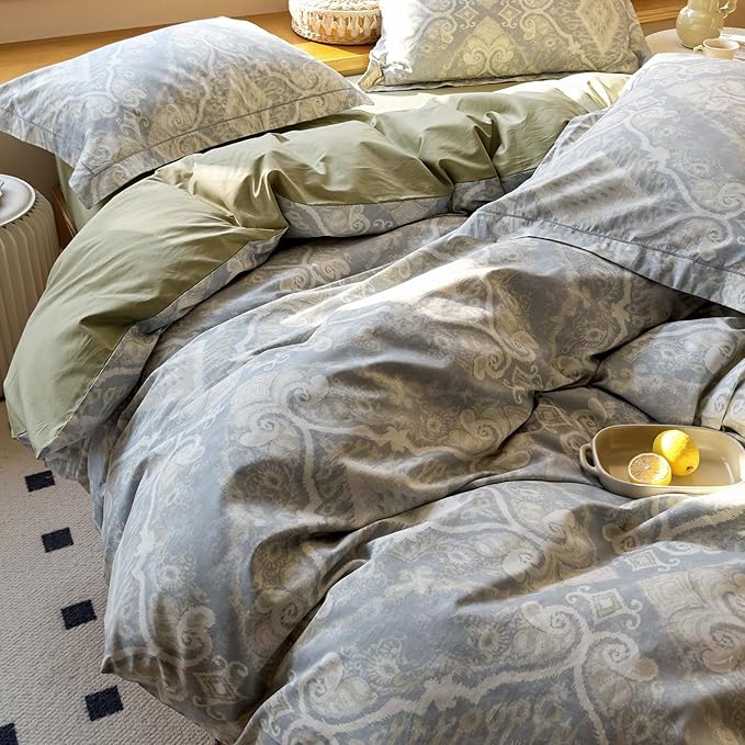 VM VOUGEMARKET Boho Duvet Cover Set Queen,Blue Gray Duvet Cover Matching 2 Pillow Shams,Retro Lightweight Bedding Set for Teens Adults