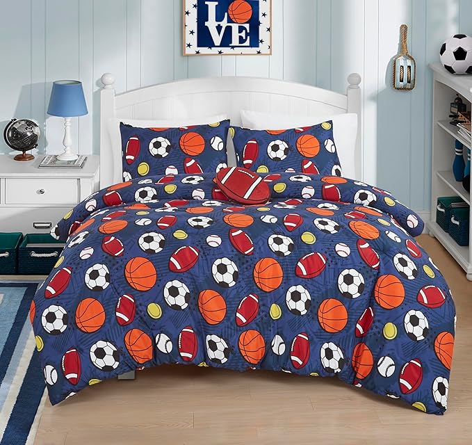Chezmoi Collection 3-Piece Kids Sports Balls Bedding Comforter Set Twin Size - Soft Microfiber Navy Blue Gray Orange White Printed Football Soccer Basketball Baseball Tennis Sports for Kids/Teens