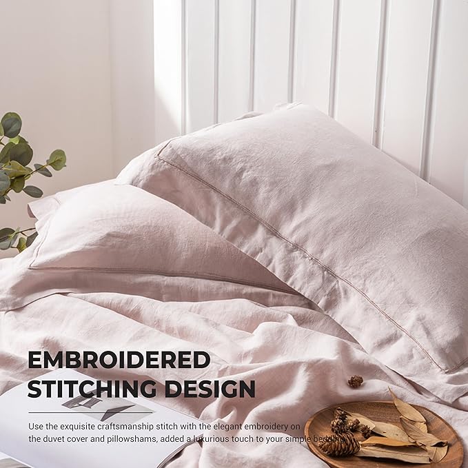 Simple&Opulence 100% Washed Linen Duvet Cover with Embroidered, 3 Pieces Soft Farmhouse Comforter Set with Button Closure,1 Duvet Cover and 2 Pillowshams(Full,Dusty Pink)