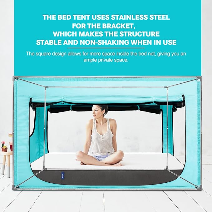 Twin Bed Canopy Portable Blackout Bed Tent Privacy Tent for Adult Indoor Sleeping with 3 Doors, Storage Bag, Teal