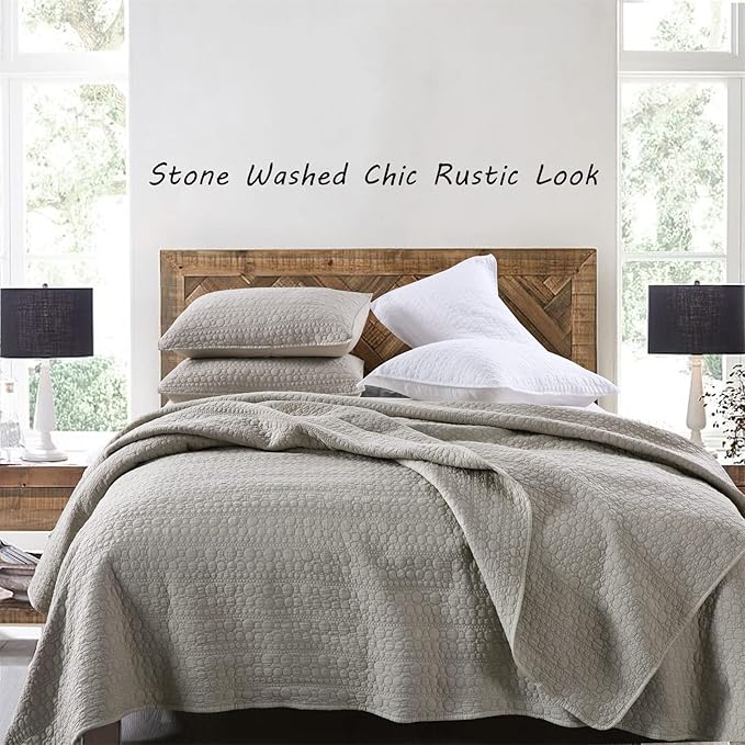 HORIMOTE HOME Quilt Set Twin Size Beige, Classic Geometric Spots Stitched Pattern, Stone-Washed Microfiber Chic Rustic Look, Ultra Soft Lightweight Quilted Bedspread for All Season, 2 Pieces