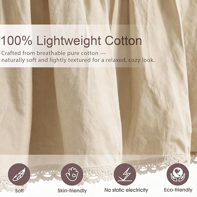 Queen Size 18 inch Drop Ivory Dust Ruffle, Crochet Edge Lace, Lightweight 100% Cotton, French Coutry Style Ruffled Bed Skirt with Split Corners