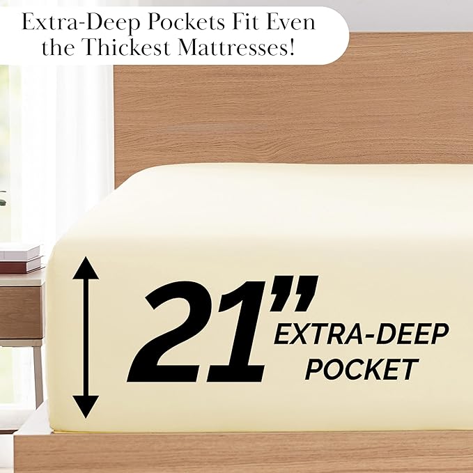 Southshore Fine Living, Inc. California King Bed Sheets 4-Piece Set | 21" Extra Deep Pocket with 2 Pillowcases | Hotel Luxury Quality | Easy Care, Wrinkle-Free Bedsheet | Microfiber Bedsheets | Cream