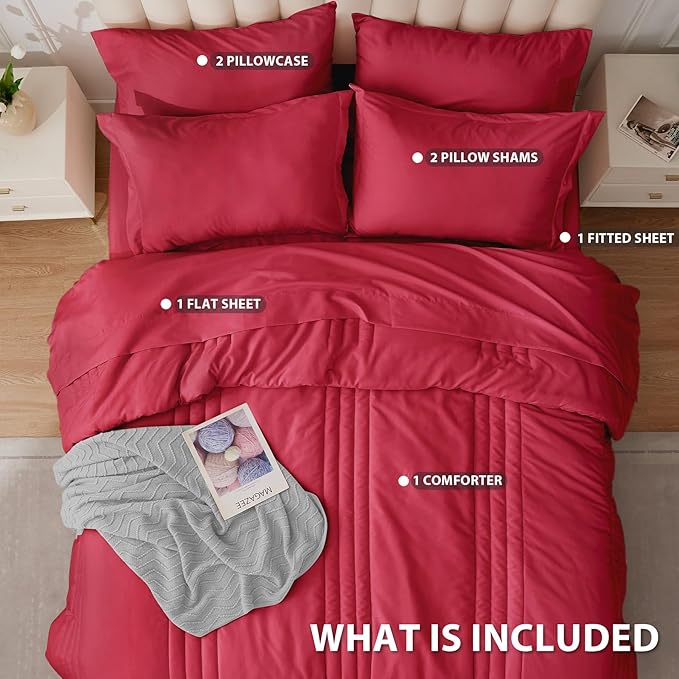 Queen Comforter Set Red - Bed in a Bag Queen Size 7 Pieces, Soft Bedding Set for All Seasons, Christmas Premium Queen Comforter Set with Comforter, Sheets, Pillowcases & Shams