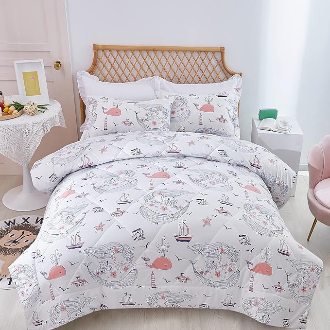 JSD Mermaid Comforter Set Queen Size, 3 Piece Girls Ocean Theme Printed Comforter with Pillow Shams Machine Washable